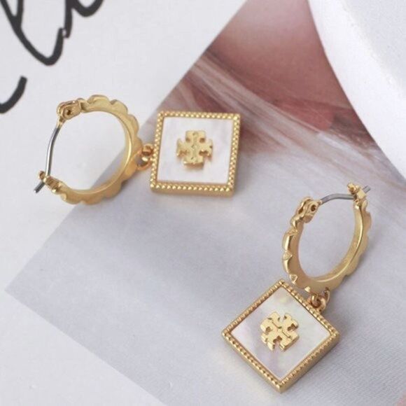 New Tory Burch Gold,Mother Of Pearl Sqaure Earrings - Picture 3 of 5